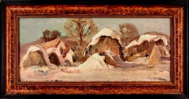 Wrabel (Vrábel) Sándor  (1926-1992): Téli táj. Olaj, farost jelzett, hátoldalán autográf felirattal ...