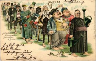 1897 (Vorläufer!) Gruss aus... Barfusslaufen, Wassersaufen, Malzkaffee, O, jemine / art postcard with priest, African-American man, spa guests, frogs. Ottmar Zieher No. 2. Art Nouveau, litho (EK)