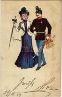 1899 Romantic couple, K.u.K. military officer with lady. litho s: F. Gareis jun. (kis szakadás / small tear)