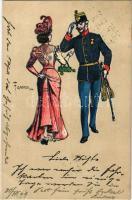 1899 Romantic couple, K.u.K. military officer with lady. litho s: F. Gareis jun.