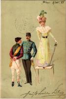1899 Hungarian romantic art postcard, dance ball, lady with K.u.K. military officer. Kunstanstalt Kosmos litho s: Geiger R.