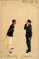 1899 Hungarian art postcard, dance ball, soldier with K.u.K. military officer. Kunstanstalt Kosmos litho s: Geiger R.