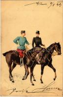 1899 Hungarian art postcard, lady riding with K.u.K. military officer. Kunstanstalt Kosmos litho s: Geiger R.