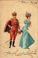 1899 Hungarian romantic art postcard, dance ball, lady with officer. Kunstanstalt Kosmos litho s: Geiger R.