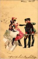 1899 Hungarian romantic art postcard, dance ball, ladies with K.u.K. military officers. Kunstanstalt Kosmos litho s: Geiger R.
