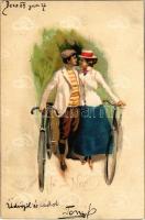 1899 Ja oder Nein / romantic couple, lady with cyclist, bicycles. litho