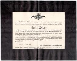 1928 Karl Körber orvos, veterán katonai egyesület tisztviselőjének halálozási értesítője. Báró Neu Sándor (1898-1990) százados, rádióamatőr, későbbi Don-kanyari frontharcos katonatiszt.