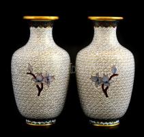 Virágmintás zománcozott réz vázapár, jó állapotban, m: 15 cm