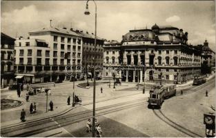 1956 Pozsony, Pressburg, Bratislava; Hviezdoslavovo námestie / tér, színház, villamos, automobil / square, street view, tram, automobile, theatre
