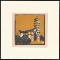 Kós Károly (1883-1977): Templom, színes linómetszet, papír, jelzés nélkül, paszpartuban, 10×10 cm