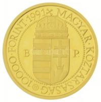 1991. 10.000Ft Au "II. János Pál pápa látogatása" tanúsítvánnyal, dísztokban (7g/0.986) T:...