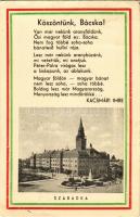 1941 Szabadka, Subotica; városháza, "Köszöntünk, Bácska!" bevonulás, hazafias propaganda. Magyar Művészek Munkaműhelye kiadása / town hall, entry of the Hungarian troops, Hungarian irredenta patriotic propaganda + "1941 100 éves a Magyar Ipar- és Kiállításügy" So. Stpl. (EK)