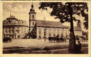 1937 Nagyszeben, Hermannstadt, Sibiu; Piata Regele Ferdinand / König-Ferdinand-Platz / Ferdinánd király tér, Kenzel étterem reklámja, automobil, templom / square, restaurant advertisement, automobile, church + HOHE RINNE