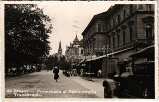 1938 Brassó, Kronstadt, Brasov; Promenada si Restaurantul Transilvania / utca, étterem, pincérek, automobil / street view, restaurant, waiters, automobile