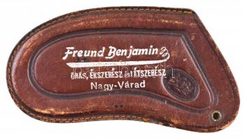 cca 1910 Freund Benjamin, órás, ékszerész és látszerész, Nagy-Várad (Nagyvárad), lapos bőr tok, 5,5x10,5 cm