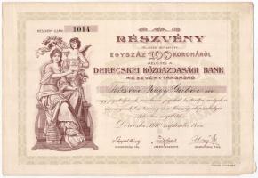 Derecske 1910. Derecskei Közgazdasági Bank Részvénytársaság részvénye 100K-ról szelvényekkel T:II-