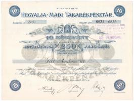 Mád 1929. Hegyalja-Mádi Takarékpénztár névre szóló, 10db részvénye egyben összesen 250P-ről, szelvényekkel, bélyegzésekkel és szárazpecséttel T:I-
