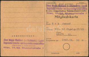 1940 Bécsi Magyar Munkások Egylete tagsági igazolvány