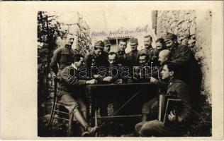 1916 A 7. hadtestparancsnokság távírászainak kártyapartija a Karszton / Karten partie am Karst / WWI Austro-Hungarian K.u.K. military, soldiers playing cards, accordion. photo (ragasztónyom / glue marks)