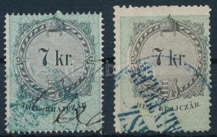 1868 2 db 7kr illetékbélyeg egyik normál nyomat, a másikon íves festékhiány (fehér folt)