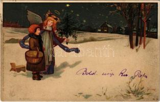 1900 Chtistmas greting art postcard with angel. Stengel & Co. Ser. 10. Künstlerkarte 135. litho