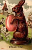 1903 Christos a inviat / Romanian Easter greeting art postcard, rabbit with egg. litho (szakadás / tear)