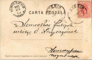 1903 Christos a inviat / Romanian Easter greeting art postcard, rabbit with egg. litho (szakadás / t...