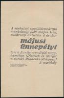 1938 Bp., A sashalmi szociáldemokrata munkásság májusi ünnepélyének szórólapja, felhívás a megjelenésre