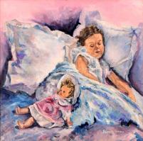 Budai Tímea (1971-): Alvó kislány babával. Olaj, vászon, jelzett, fa keretben. 40x40 cm