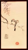 Ismeretlen jelzéssel, feltehetően kínai alkotó műve, XX. sz. második fele: Madárkák. Tus, papír. Üvegezett fa keretben. 70×34,5 cm