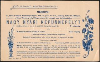 1904 Jövő Budapesti Munkásképző-Egylet meghívója nagy nyári népünnepélyre