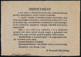 1945 Bp. Mátyásföld, hirdetmény életbe lépett rendőri büntető bíráskodásról
