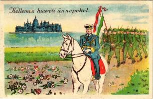 Kellemes húsvéti ünnepeket! Horthy Miklós fehér lovon, magyar zászló, bevonulás / Hungarian irredenta propaganda Easter greeting with Regent Horthy, Hungarian flag, entry of the Hungarian troops (Rb)