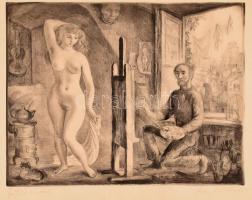 Szabó Vladimir (1905-1991): Festő és modell, rézkarc, papír, jelzett, üvegezett fa keretben, 24x29 cm