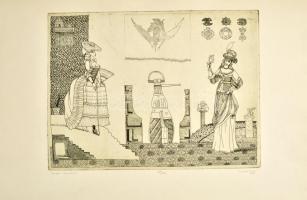 Szemethy Imre (1945- ): Goldoni-illusztráció, 1977. Rézkarc, papír, jelzett, számozott (88/100). 29,5×39,5 cm