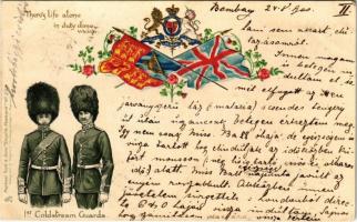 1900 Theres life alone in duty done 1st Coldstream Guards. British Army. Raphael Tuck & Sons Empire Postcard No. 259. Royal coat of arms, flag. Art Nouveau, floral, Emb. litho (ázott sarkak / wet corners)