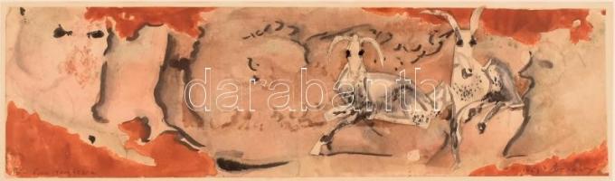 Breznay József (1916-2012): Kecskék, 1962. Akvarell, kollázs, papír, jelzett, ajánlással. Hátoldalán címkén feliratozott. Üvegezett fa keretben, 11×38 cm