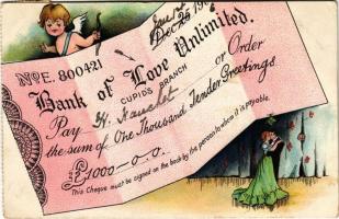 1905 Bank of Love Unlimited. Cupids Branch. Romantic greeting card with kissing couple. litho (EK)