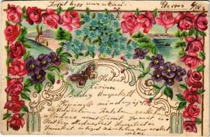 1904 Art Nouveau greeting art postcard. Emb. floral litho (apró szakadás / tiny tear)