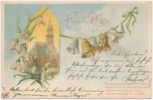 1901 Fröhliche Ostern / Easter greeting art postcard with church and bells. Art Nouveau, floral, litho (EK)