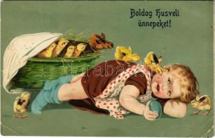1911 Boldog Húsvéti ünnepeket / Easter greeting art postcard, child with egg and chicken. Emb. litho (EB)
