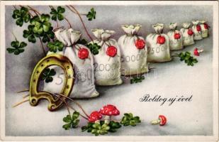 1941 Boldog Újévet! / New Year greeting card with mushroom, bags of money, horseshoe and clover. ERIKA Nr. 6264.