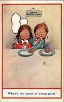 Whats the good of being good. Children art postcard. B.K.W.I. Nr. 257/1. s: Mabel Lucie Attwell
