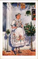 Kalocsai népviselet. Rigler József Ede kiadása R.J.E. 4500/7. / Hungarian folklore art postcard, traditional costumes from Kalocsa s: Köves (EB)