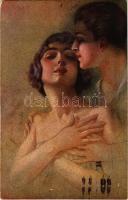 1921 Italian lady art postcard, romantic couple. Serie 1028-1. (EK)