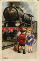 Children at the railway station, romantic couple, train, locomotive. Italian art postcard. 2572. s: A. Bertiglia