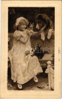 1911 Ses petits cheres / Warte Kätzchen / Girl with cats and dog s: A. J. Elsley
