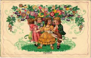 Jugendlust / Romantic children art postcard, floral. B.K.W.I. 123-4. s: August Patek (EB)