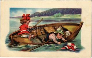 Romantic couple, Children art postcard. Amag No. O. 16., Csónakázó gyerekek. Amag No. O. 16.