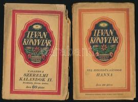 Tevan könyvtár 3 kötete: Ifj. Hegedűs Sándor: Hanna.;  Hans Heinz Ewers: Borzalmak könyve. Ford.: Török Bálint.;Casanova: Szerelmi kalandok. II. köt. Ford.: Révész Andor. Békéscsaba, 1914-1917., Tevan. Kiadói papírkötés, szakadozott, foltos borítókkal, az egyik borító szélén és egy másik borító sarkán hiánnyal, a Hegedűs Sándor kötet borítója elvált a könyvtesttől.